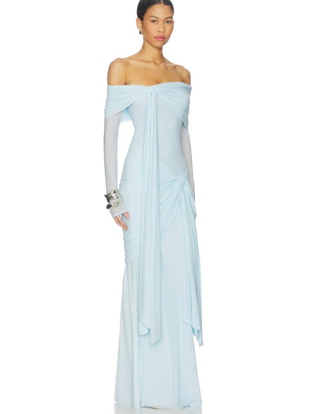 NEW Deme by Gabriella Heloise Maxi Dress Baby Blue Long Sleeve Off Shoulder Gown - Picture 2 of 9